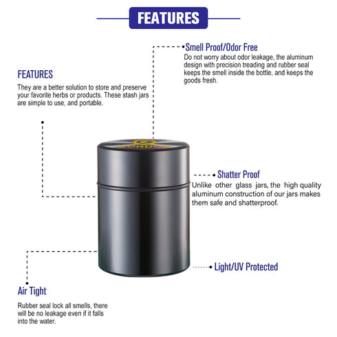 Gordon Smell Proof Airtight Aircraft Aluminum Storage Cigarette Jar, Black Stash Jars, 34 mm Size Smell Proof Container